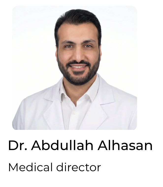 Man in a white coat with text indicating he is Dr. Abdullah Alhasan, medical director